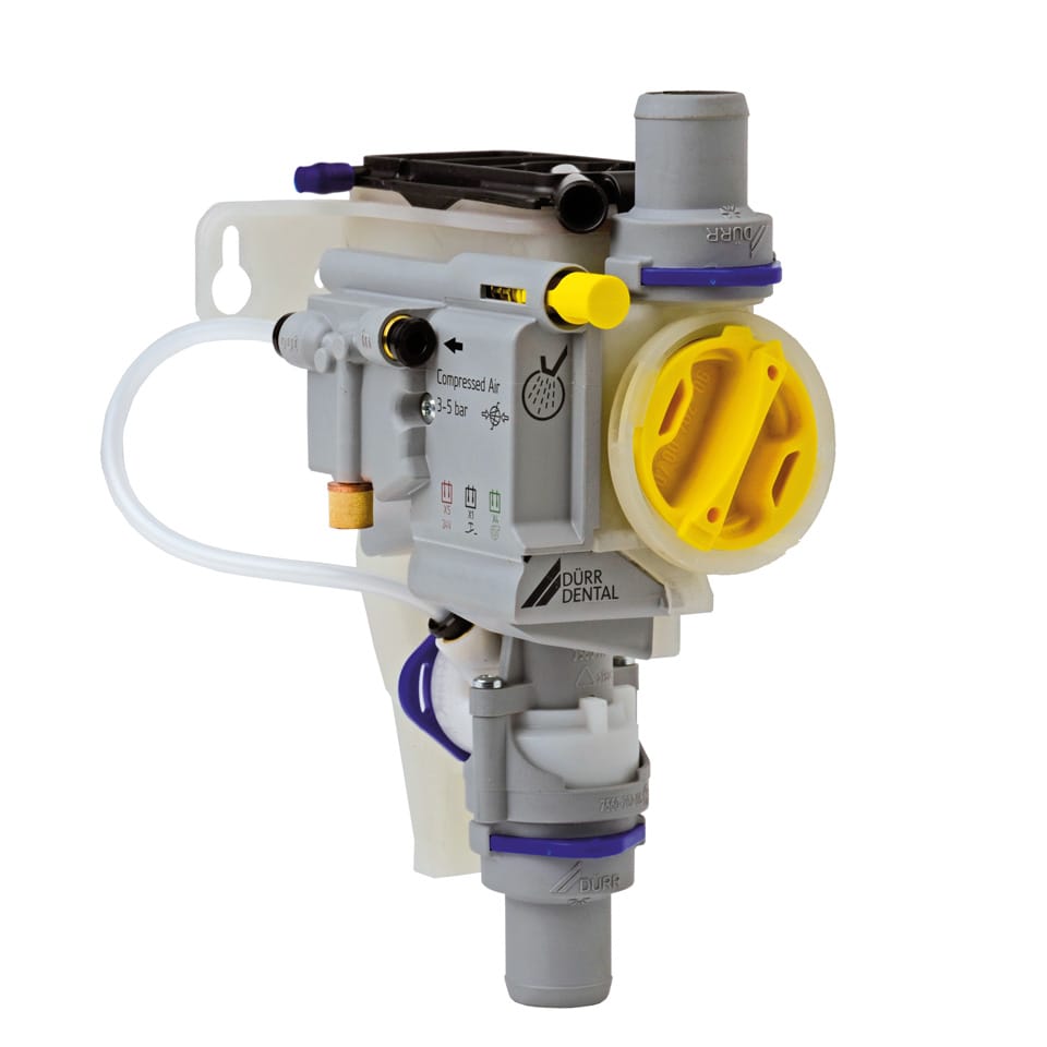 The spittoon valve is the most important accessory in the wet suction system. It controls how the waste water from the spittoon is fed into the suction system.